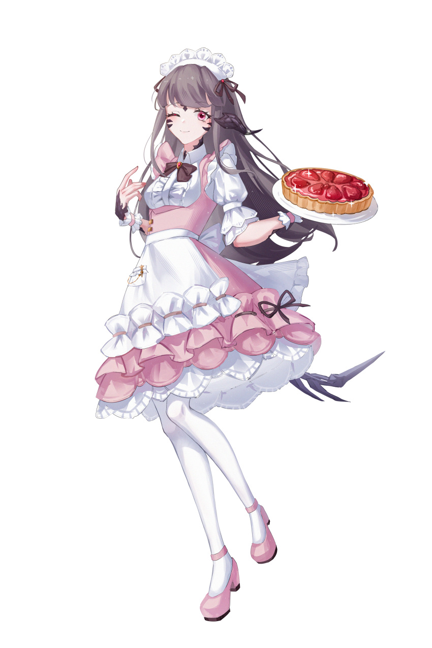 1girl absurdres apron au_ra brown_hair dragon_horns dragon_tail dress eyebrows_hidden_by_hair final_fantasy final_fantasy_xiv food frilled_dress frills full_body hair_ribbon highres holding holding_plate horns long_hair looking_at_viewer maid maid_apron maid_headdress mianyue_qianyu one_eye_closed pantyhose pie pink_dress pink_eyes pink_footwear plate ribbon scales scrunchie solo standing standing_on_one_leg tail warrior_of_light_(ff14) white_background white_pantyhose wrist_scrunchie