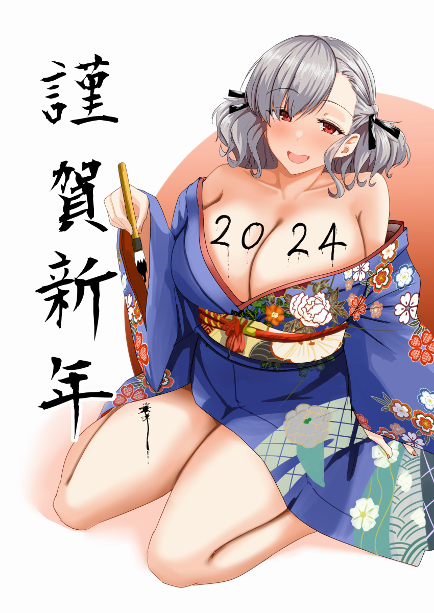 1girl 2024 absurdres aizawa_u-ji alternate_costume black_ribbon blush breasts calligraphy_brush cleavage collarbone floral_print floral_print_kimono girls'_frontline grey_hair highres holding holding_brush ink ink_on_breast japanese_clothes kimono large_breasts looking_at_viewer medium_hair off_shoulder open_mouth paintbrush red_eyes ribbon sitting smile solo spas-12_(girls'_frontline) translation_request wariza