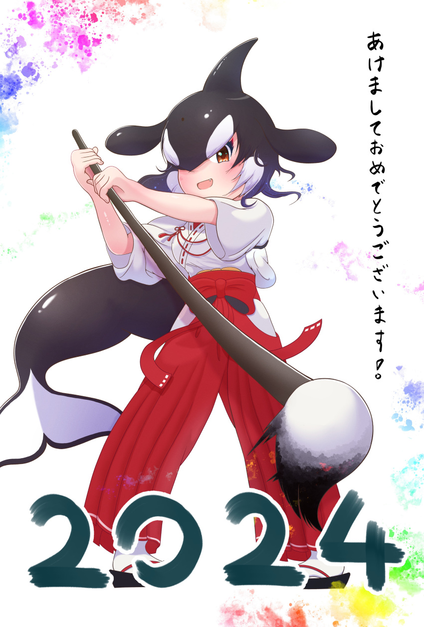 2024 absurdres alternate_costume black_hair blowhole brown_eyes cetacean_tail dorsal_fin fins fish_tail from_below geta giant_brush hair_between_eyes hakama head_fins highres japanese_clothes kemono_friends kemono_friends_3 kosode looking_at_viewer luichan miko multicolored_hair orca_(kemono_friends) red_hakama shirt short_hair short_sleeves sidelocks socks tabi tail translation_request two-tone_hair whale_girl white_hair white_shirt white_socks
