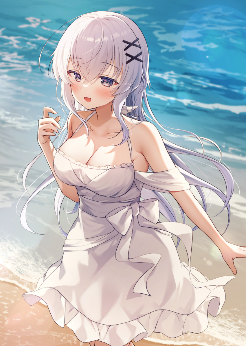 1girl beach blush breasts cleavage collarbone commentary_request crossed_bangs dress gyozanuko hair_between_eyes hair_ornament highres long_hair medium_breasts ocean open_mouth original outdoors sidelocks smile standing sundress waves white_dress white_hair x_hair_ornament