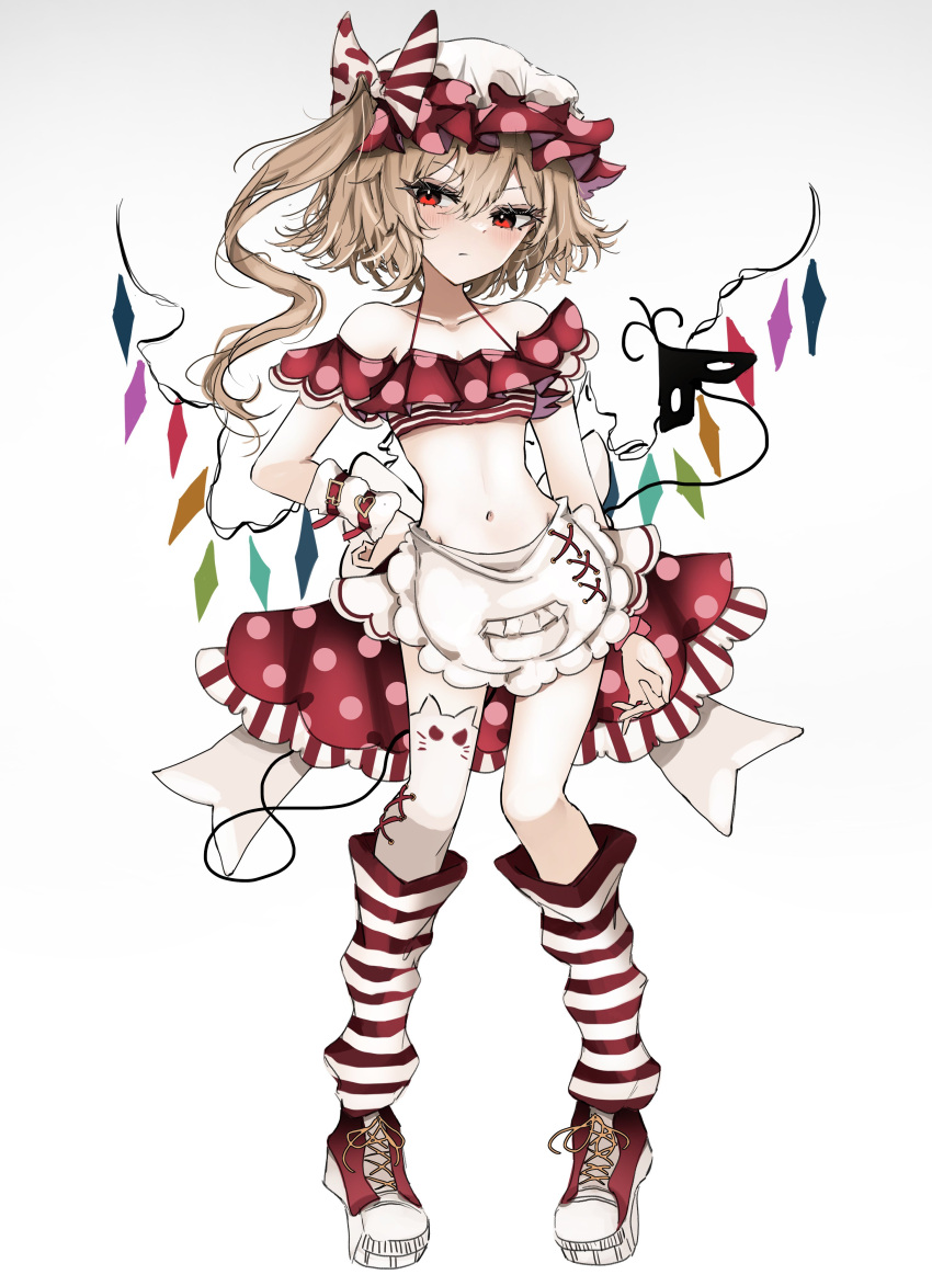 1girl absurdres alternate_costume blonde_hair commentary crystal_wings flandre_scarlet gradient_background hand_on_own_hip hat highres internet_survivor laevatein_(tail) looking_at_viewer mob_cap navel one_side_up ougiikun polka_dot polka_dot_headwear red_eyes shoes single_thighhigh sneakers solo tail thighhighs touhou white_headwear wings wrist_cuffs