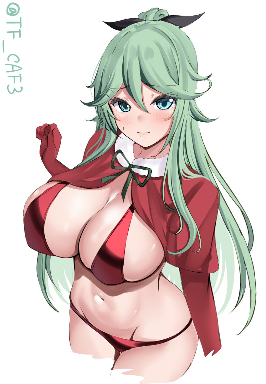 1girl alternate_breast_size alternate_costume bikini black_ribbon blue_eyes blush breasts capelet christmas elbow_gloves embarrassed gloves green_hair hair_between_eyes hair_flaps hair_ornament hair_ribbon hairclip highres kantai_collection large_breasts long_hair looking_at_viewer red_bikini red_gloves ribbon santa_bikini solo swimsuit tf_cafe twitter_username upper_body white_background yamakaze_(kancolle)
