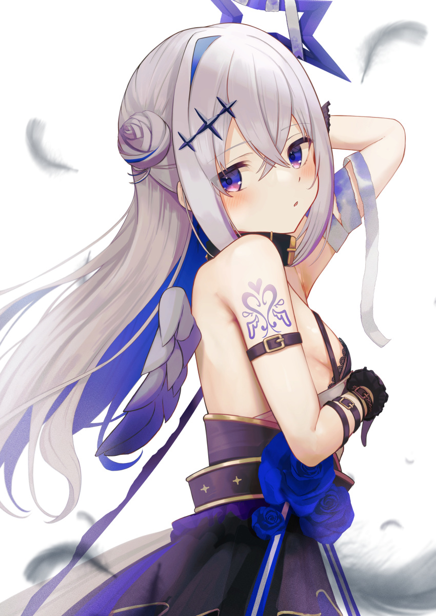 1girl absurdres amane_kanata amane_kanata_(another_world) angel_wings animal_collar arm_behind_head arm_belt arm_strap arm_tattoo arm_under_breasts arm_up bandaged_arm bandages belt black_belt black_bra black_collar black_gloves blue_flower blue_hair blue_rose blue_skirt blue_wings blush bra breasts buket_pudding_i collar colored_inner_hair commentary_request dress_flower fallen_angel falling_feathers feathered_wings flower from_side gloves gradient_wings grey_feathers grey_hair grey_wings hair_bun hair_ornament half_updo halo high-waist_skirt highres hololive lace-trimmed_bra lace_trim long_hair looking_at_viewer looking_to_the_side loose_bandages mini_wings multicolored_hair multicolored_wings official_alternate_costume official_alternate_hairstyle parted_lips purple_eyes rose see-through_overskirt sideboob single_hair_intake skirt small_breasts solo star_(symbol) star_hair_ornament star_halo strapless strapless_bra tattoo two-tone_hair underwear virtual_youtuber white_background wings wrist_belt wrist_straps