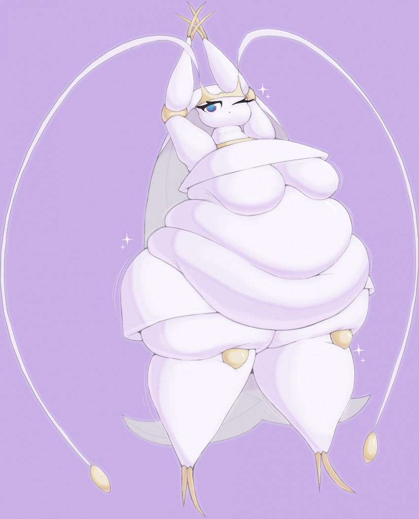 antennae_(anatomy) anthro arthropod belly big_belly blue_eyes breasts chubby_cheeks eyelashes featureless_breasts female generation_7_pokemon hi_res love_handles navel nintendo obese obese_anthro obese_female overweight overweight_anthro overweight_female pheromosa pokemon pokemon_(species) purple_background purple_eyes raised_arms shweetmagnet simple_background solo standing ultra_beast white_body