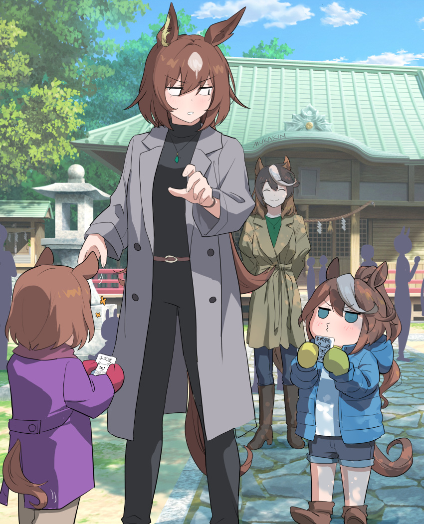 4girls aged_down animal_ears belt black_pants black_sweater blue_eyes blue_jacket blue_shorts boots brown_belt brown_coat brown_footwear brown_hair buttons coat commentary_request double-breasted ear_ornament earrings full_body green_jacket hatsumoude highres horse_ears horse_girl horse_tail jacket jewelry long_hair long_sleeves mittens mukakin multiple_girls necklace new_year open_clothes open_coat outdoors pants short_hair shorts shrine single_earring sirius_symboli_(umamusume) sweater symboli_rudolf_(umamusume) tail tokai_teio_(umamusume) tsurumaru_tsuyoshi_(umamusume) turtleneck turtleneck_sweater umamusume very_long_hair