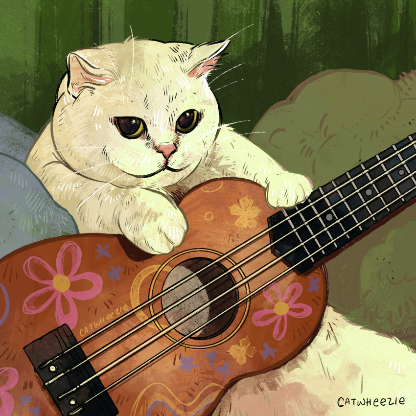 absurd_res ambiguous_gender catwheezie domestic_cat felid feline felis feral fur guitar hi_res inside looking_at_viewer mammal musical_instrument pillow plucked_string_instrument signature solo string_instrument tuft whiskers