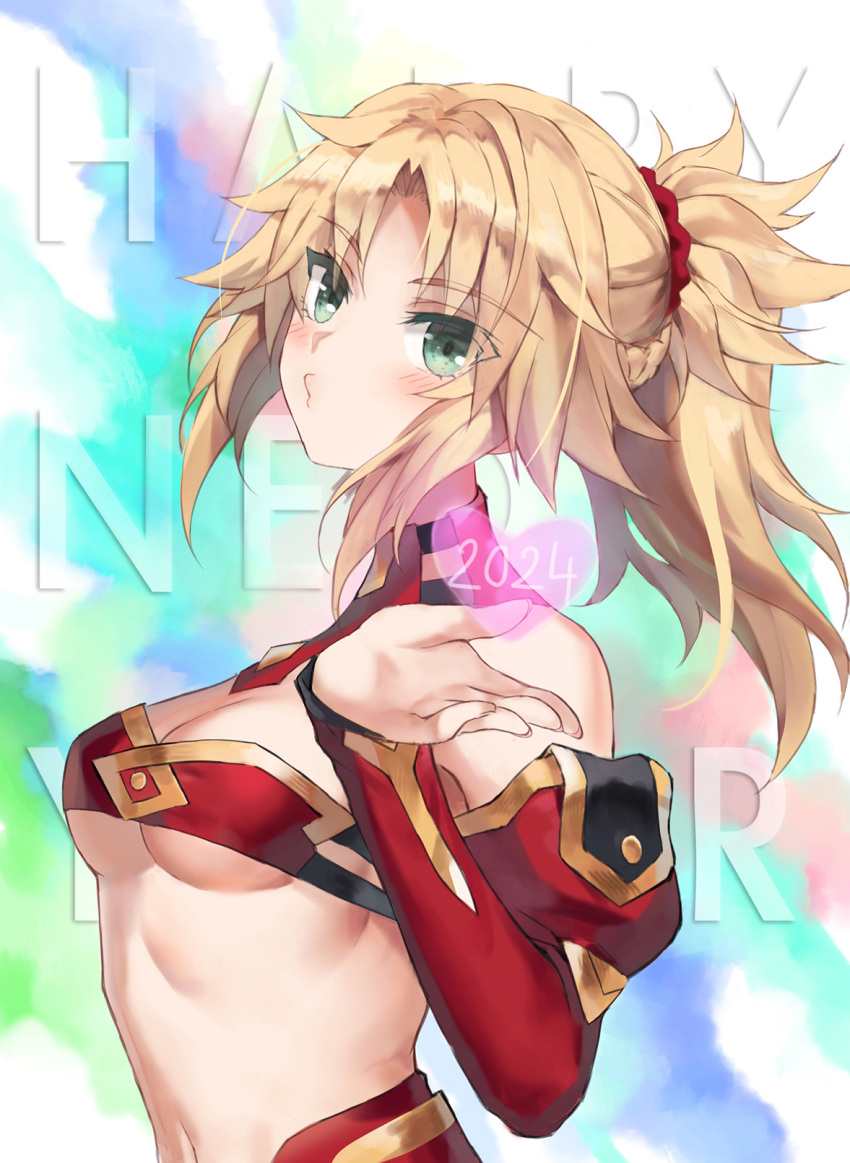 1girl 2024 bandeau bare_shoulders blonde_hair braid breasts detached_collar detached_sleeves fate/apocrypha fate/grand_order fate_(series) french_braid green_eyes heart highres long_hair looking_at_viewer mordred_(fate) mordred_(fate/apocrypha) navel parted_bangs parted_lips ponytail sidelocks small_breasts solo tonee