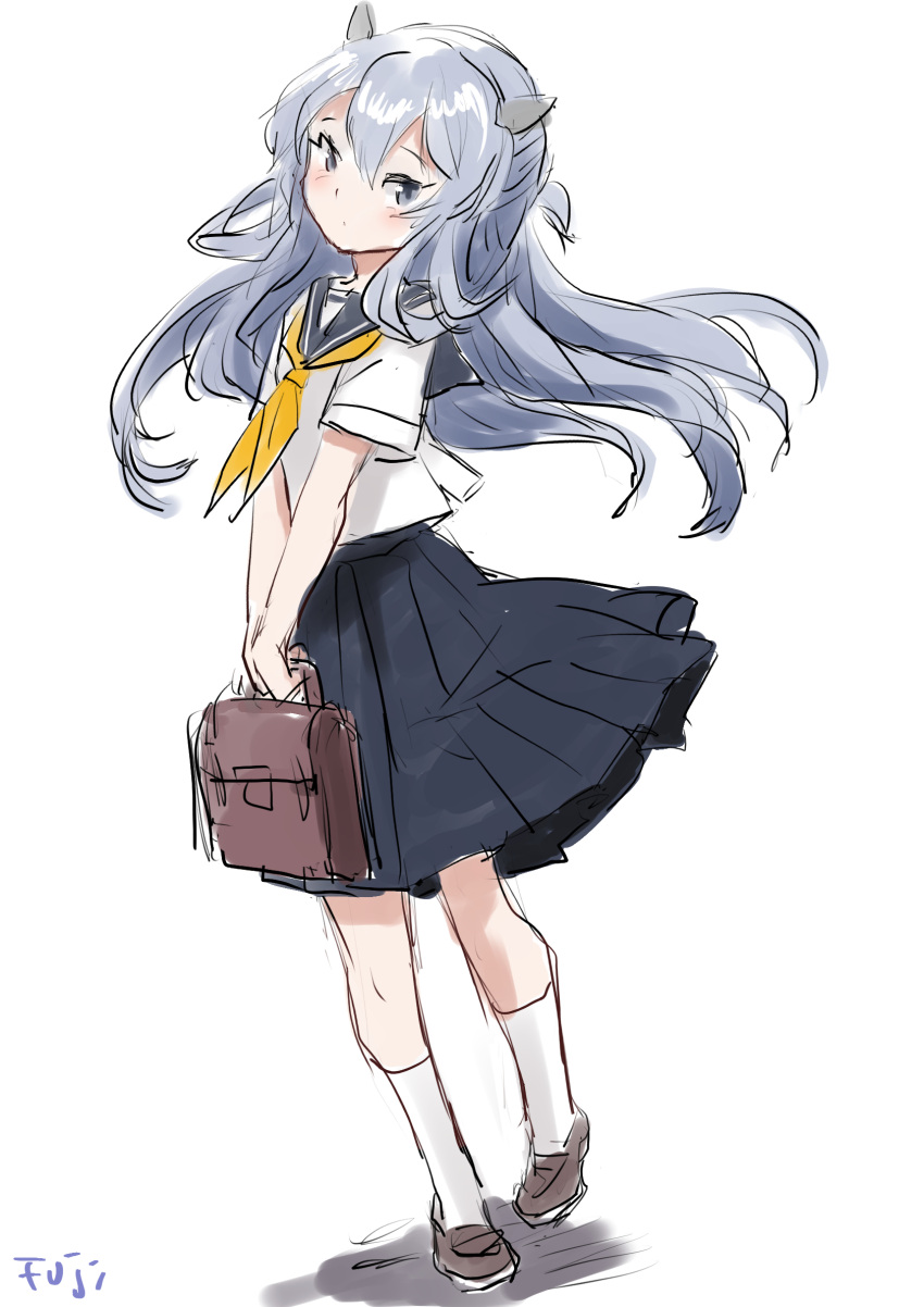 1girl alternate_costume bag black_skirt blue_eyes blue_hair fake_horns fuji_(pixiv24804665) full_body grey_sailor_collar headgear highres horned_headwear horns i-203_(kancolle) kantai_collection light_blue_hair long_hair neckerchief pleated_skirt sailor_collar sailor_shirt school_bag school_uniform serafuku shirt sidelocks simple_background skirt solo white_background white_shirt yellow_neckerchief