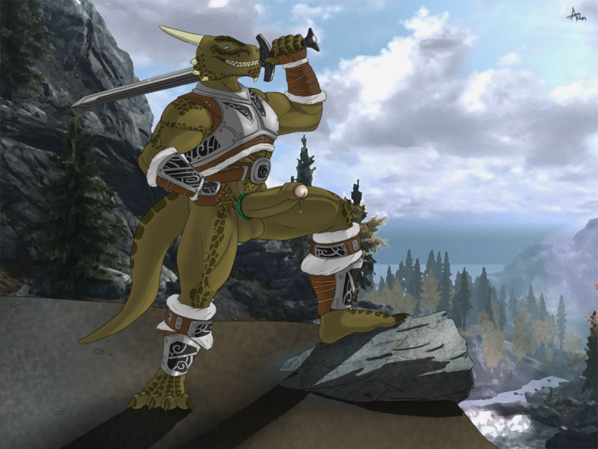 accessory anthro archshen argonian barefoot bethesda_softworks big_tail bottomless bottomless_anthro bottomless_male clothed clothed/nude clothing cock_ring erection feet genitals jewelry lizard male melee_weapon muscular muscular_anthro muscular_male nude penis penis_accessory penis_jewelry reptile scalie shen_(archshen) skyrim smile solo sword tail the_elder_scrolls weapon