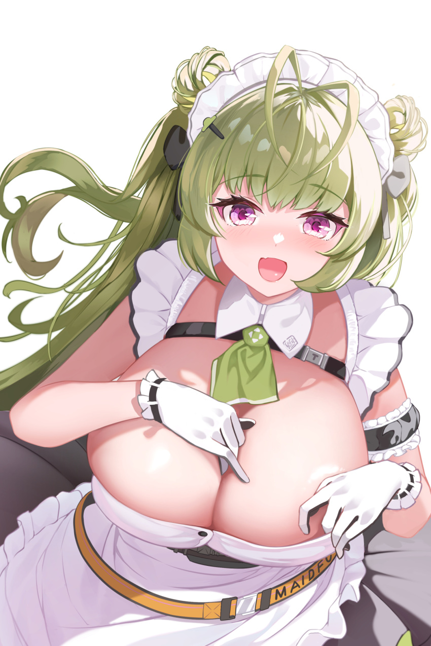 1girl antenna_hair apron black_dress breasts dress fang gloves goddess_of_victory:_nikke green_hair highres huge_breasts long_hair looking_at_viewer maid maid_headdress open_mouth pink_eyes simple_background skin_fang smile soda_(nikke) solo white_apron white_background white_gloves yuruto