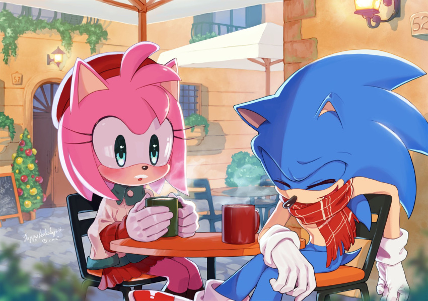 1boy 1girl alternate_costume amy_rose blue_eyes blush christmas_tree closed_eyes crossed_legs day furry furry_female furry_male gloves hat highres konjiki_ringo outdoors red_headwear red_scarf red_skirt scarf sitting skirt sonic_(series) sonic_the_hedgehog table town umbrella white_gloves white_umbrella