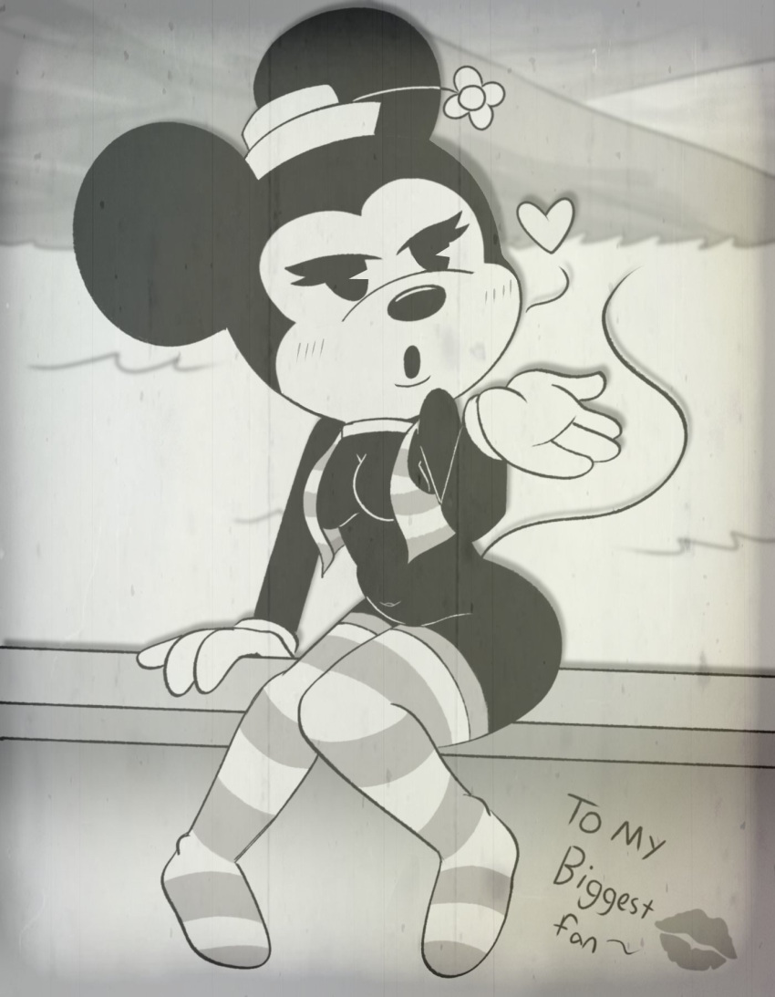 anthro blowing_kiss blush breasts butt clothed clothing collar disney female gloves handwear hi_res legwear mammal minnie_mouse monochrome mouse murid murine partially_clothed photo pose rodent sitting solo stockings thighs weirdkoaladream