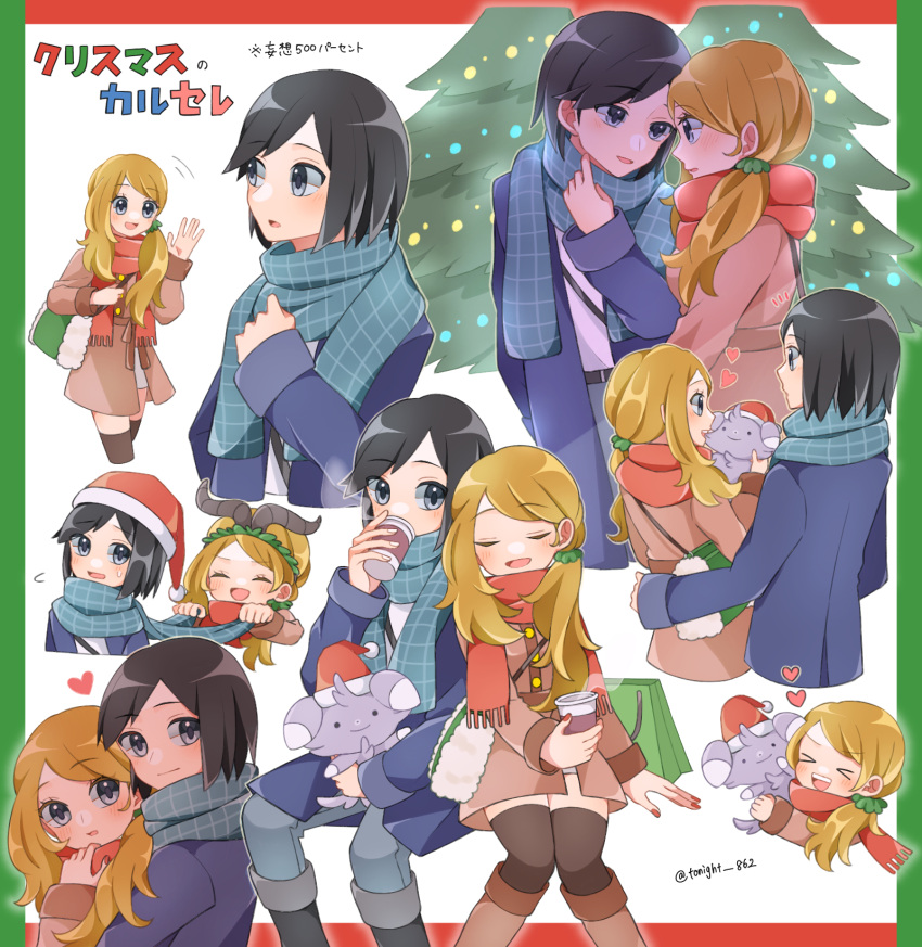 &gt;_&lt; 1boy 1girl alternate_costume blue_scarf blush calem_(pokemon) christmas christmas_tree closed_eyes cup disposable_cup espurr fake_horns grey_eyes hat heart highres horns light_brown_hair looking_at_another multiple_views nail_polish pokemon pokemon_xy rain_(tonight_862) santa_hat scarf serena_(pokemon) smile