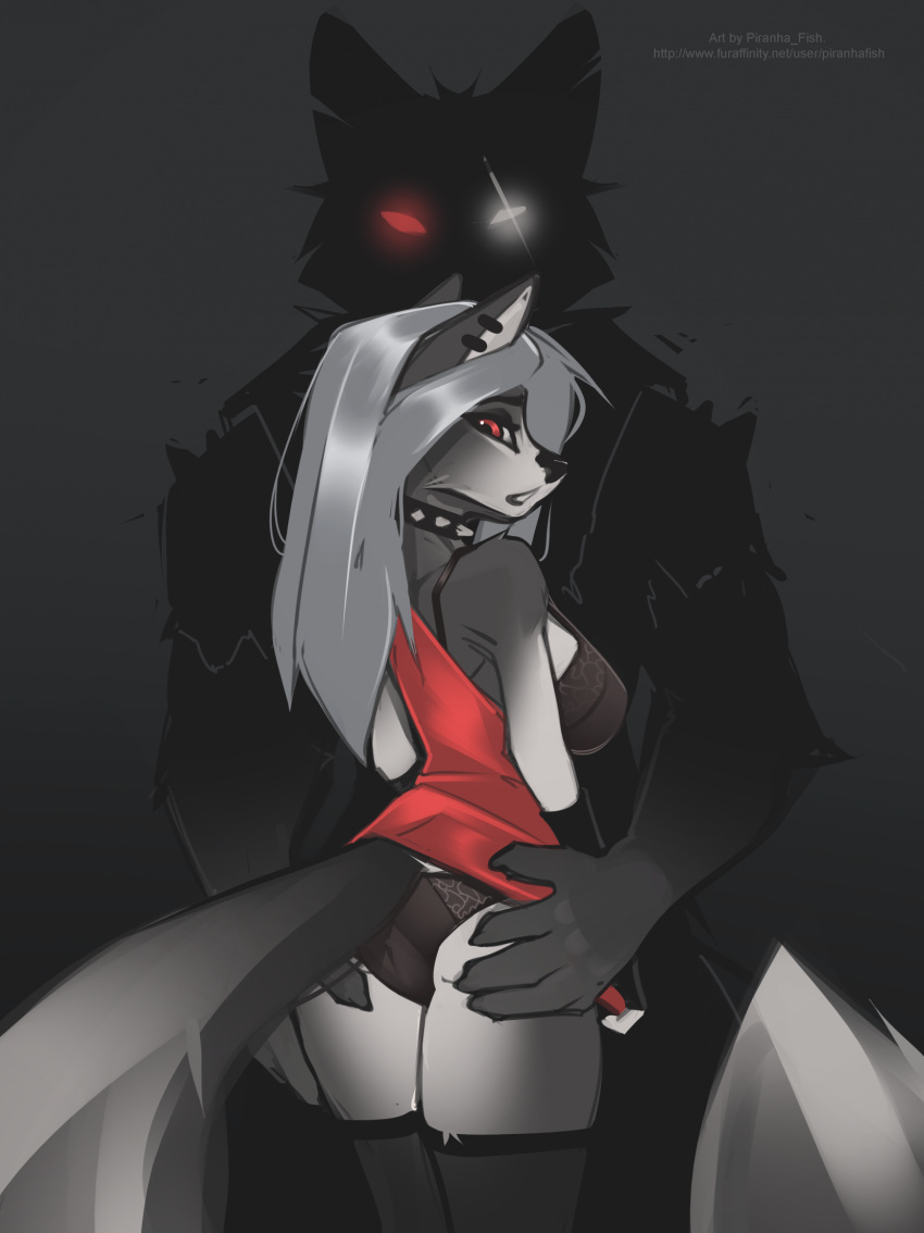 2024 5_fingers anthro anthro_on_anthro black_nose bra breasts butt canid canid_demon clothed clothing clothing_lift demon dress dress_lift duo female fingers fur glowing glowing_eyes grey_body grey_fur hair hand_on_butt hellhound helluva_boss hi_res humanoid_hands legwear loona_(helluva_boss) male male/female mammal multicolored_body multicolored_fur panties piranha_fish silver_hair stockings text two_tone_body two_tone_fur underwear url vortex_(helluva_boss) white_body white_fur
