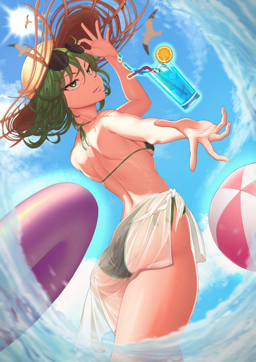 1girl absurdres bikini bird black_bikini breasts curly_hair day eyewear_on_head floating floating_object green_eyes green_hair hat highres karikarisuru ocean one-punch_man sarong see-through_sarong side-tie_bikini_bottom small_breasts solo straw_hat string_bikini sunglasses swimsuit tatsumaki telekinesis