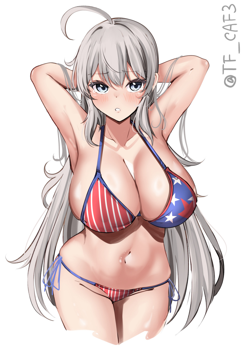 1girl ahoge alternate_costume american_flag american_flag_bikini american_flag_print armpits arms_behind_head bikini blush breasts cleavage collarbone cropped_legs flag_print grey_eyes grey_hair hair_between_eyes highres kantai_collection large_breasts legs_together long_hair looking_at_viewer navel one-hour_drawing_challenge parted_lips print_swimsuit side-tie_bikini_bottom solo swimsuit tears tf_cafe twitter_username very_long_hair washington_(kancolle) white_background