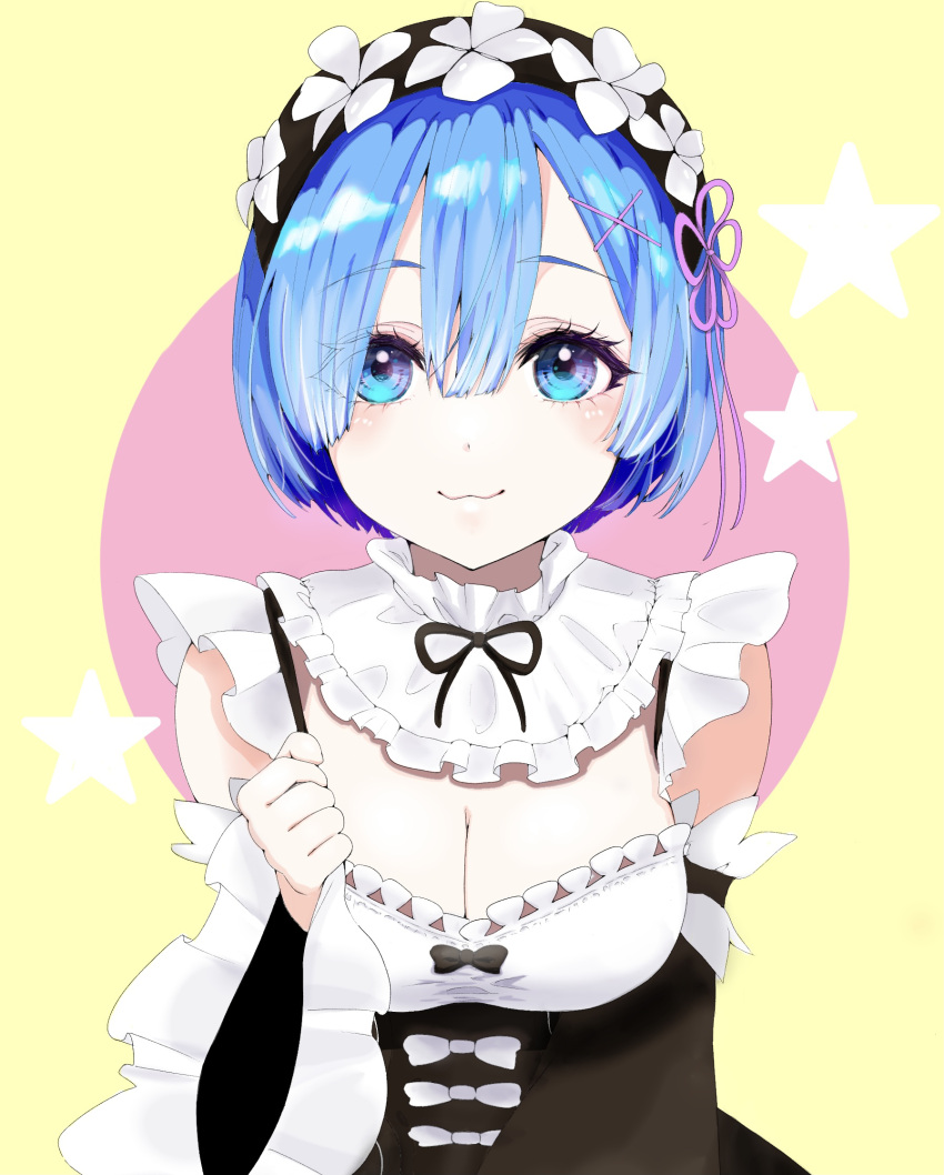 1girl :3 blue_eyes blue_hair blush breasts cleavage clenched_hand collar detached_collar detached_sleeves frilled_collar frilled_sleeves frills hair_ornament hairclip hand_up highres large_breasts lavie_(cestbonlavie) long_sleeves looking_at_viewer maid_headdress neck_ribbon re:zero_kara_hajimeru_isekai_seikatsu rem_(re:zero) ribbon short_hair smile solo star_(symbol) straight-on yellow_background