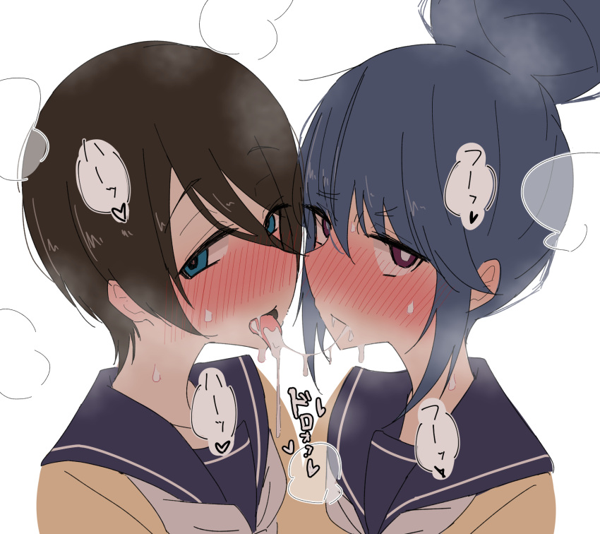 2girls after_fellatio ame_(amechan17391739) blue_eyes blue_hair blue_sailor_collar blush brown_hair cardigan closed_mouth collarbone cum cum_string facial hair_between_eyes hair_bun heart highres looking_at_viewer multiple_girls neckerchief open_mouth purple_eyes sailor_collar saitou_ena school_uniform serafuku shima_rin short_hair sidelocks simple_background single_hair_bun speech_bubble steaming_body sweat tongue tongue_out upper_body white_background white_neckerchief yellow_cardigan yurucamp