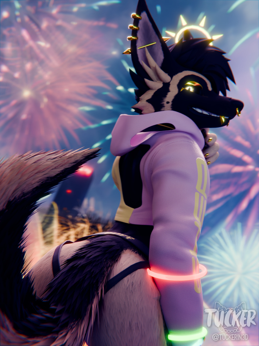 3:4 3d_(artwork) absurd_res anthro anubian_jackal black_sclera blender_(software) brown_body brown_fur butt butt_focus canid canine canis clothed clothing crop_top cropped_jacket crossdressing digital_media_(artwork) domestic_dog ear_piercing eyeliner fireworks fur german_shepherd glowstick gold_(metal) gold_jewelry gold_nails gold_piercing grin herding_dog hi_res hybrid jackal jewelry jockstrap looking_at_viewer looking_back looking_back_at_viewer makeup male mammal pastoral_dog piercing presenting presenting_hindquarters pupils shirt slit_pupils smile smug solo suggestive topwear tucker_(artist) underwear yellow_eyes