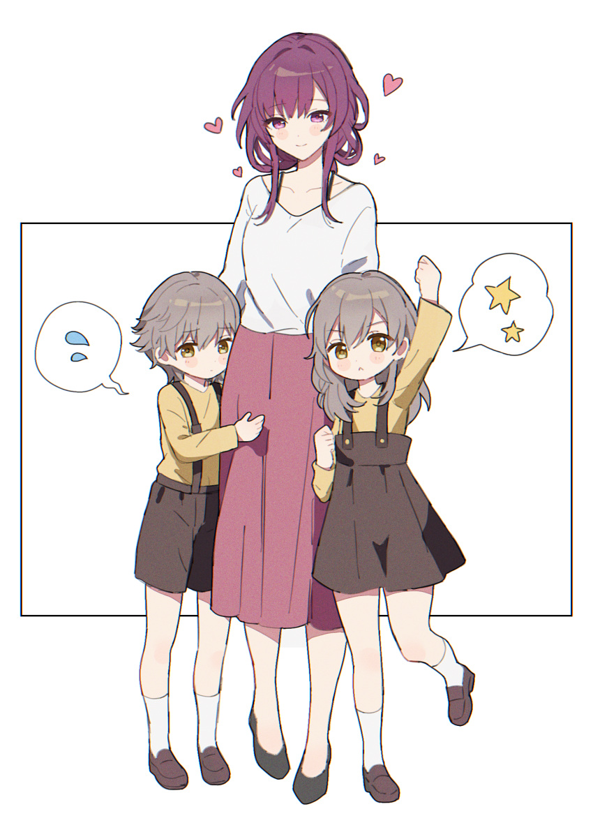 1boy 2girls :&lt; aged_down alternate_costume anaketsu blush caelus_(honkai:_star_rail) commentary_request grey_hair heart high_heels highres honkai:_star_rail honkai_(series) hug kafka_(honkai:_star_rail) long_skirt motherly multiple_girls purple_hair shoes shorts skirt smile spoken_star spoken_sweatdrop star_(symbol) stelle_(honkai:_star_rail) suspenders sweatdrop trailblazer_(honkai:_star_rail)