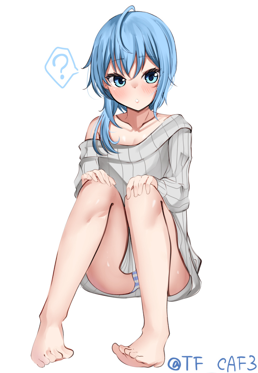 1girl ? alternate_costume bad_feet bare_legs barefoot blue_eyes blue_hair collarbone commentary_request grey_sweater hair_between_eyes highres kantai_collection knees_up long_sleeves looking_at_viewer medium_hair minazuki_(kancolle) one-hour_drawing_challenge panties parted_lips simple_background small_bed solo spoken_question_mark striped striped_panties sweater tf_cafe toes twitter_username underwear white_background