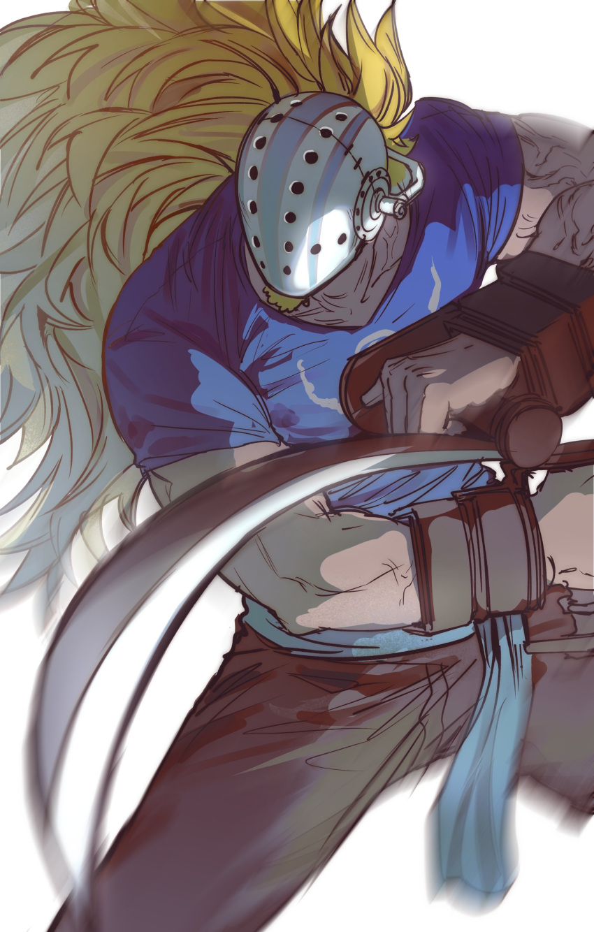 1boy absurdres blonde_hair blue_shirt commentary_request ehghkwl1694 facial_hair facial_hair_through_mask goatee highres hockey_mask holding holding_weapon killer_(one_piece) korean_commentary long_hair male_focus mask one_piece shirt short_sleeves simple_background solo weapon white_background