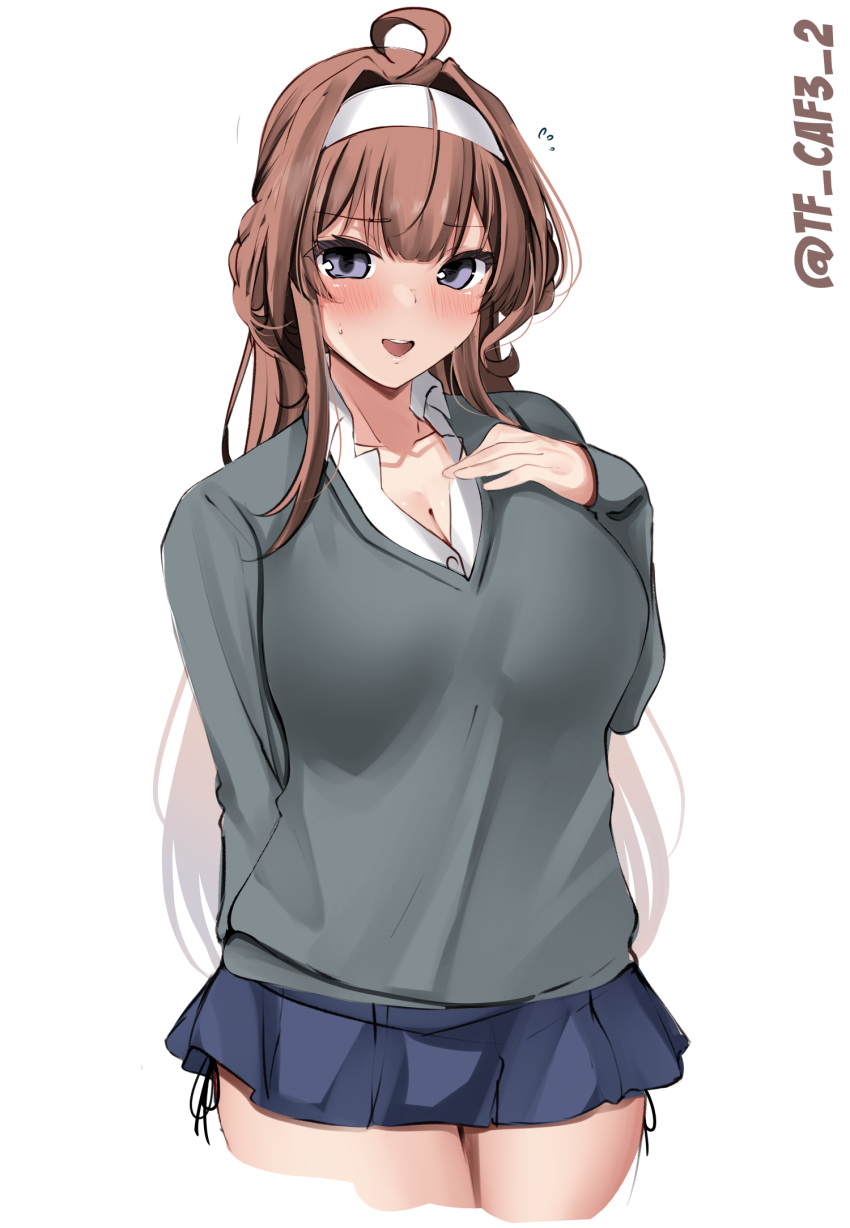 1girl ahoge alternate_costume black_skirt blue_skirt blush breasts brown_hair cardigan cleavage collared_shirt commentary_request cowboy_shot double_bun grey_cardigan hair_bun hair_intakes hairband hand_on_own_chest highres kantai_collection kongou_(kancolle) large_breasts legs_together long_hair long_sleeves medium_breasts miniskirt open_mouth pleated_skirt school_uniform shirt simple_background skirt smile solo teeth tf_cafe twitter_username upper_teeth_only white_background white_hairband white_shirt