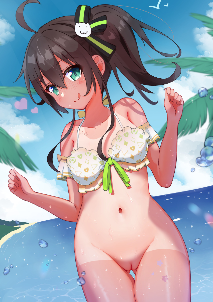 1girl :q absurdres ahoge ass_visible_through_thighs beach bikini bikini_top_only bird blush bottomless bra breasts brown_hair cat_hair_ornament cleft_of_venus closed_mouth cloud detached_sleeves frilled_bikini frilled_bra frills green_eyes green_ribbon hair_between_eyes hair_ornament hair_ribbon heart highres hololive hololive_summer_2022_swimsuit lens_flare looking_at_viewer natsuiro_matsuri navel ocean official_alternate_costume one-piece_tan ontake2009 outdoors palm_tree patterned patterned_clothing pussy ribbon ribbon-trimmed_bikini ribbon-trimmed_bra ribbon_trim seagull side_ponytail small_breasts smile solo star_(symbol) star_tattoo swimsuit tan tanlines tattoo tongue tongue_out tree underwear virtual_youtuber water_drop wet white_bra white_swimsuit