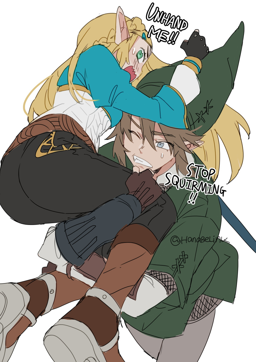 1boy 1girl absurdres ass black_pants blonde_hair boots carrying carrying_person english_text gloves green_headwear green_tunic grey_eyes hanabelink hat highres juliet_sleeves long_hair long_sleeves pants pointy_ears princess_zelda puffy_sleeves short_hair sketch the_legend_of_zelda the_legend_of_zelda:_breath_of_the_wild the_legend_of_zelda:_twilight_princess time_paradox tunic wavy_mouth