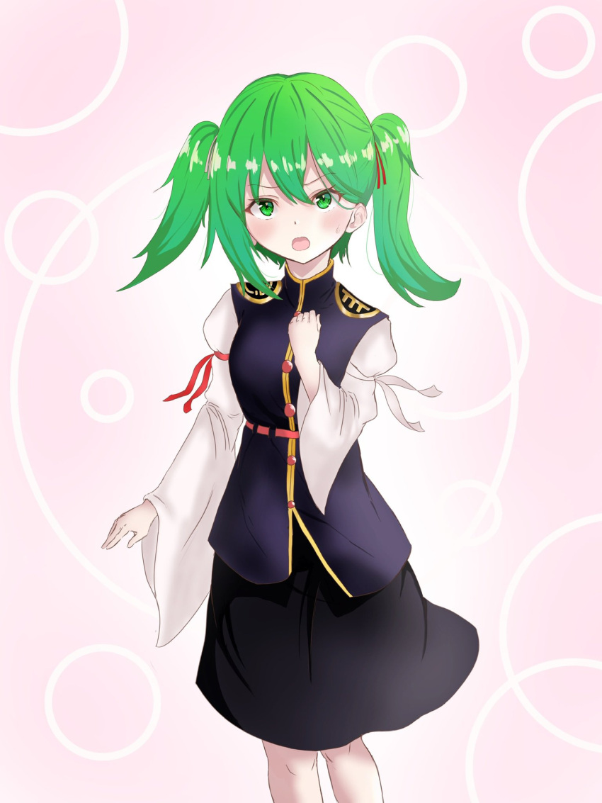 1girl alternate_hairstyle asymmetrical_hair atodasi_s bangs black_skirt black_vest blush epaulettes eyebrows_visible_through_hair feet_out_of_frame gold_trim green_eyes green_hair hand_on_own_chest highres long_sleeves looking_at_viewer medium_hair no_hat no_headwear pink_background shiki_eiki skirt solo standing touhou twintails twintails_day v-shaped_eyebrows vest wide_sleeves