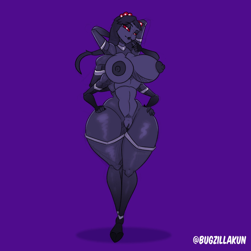 2_toes 6_arms absurd_res anthro arachnid areola armband arthropod big_breasts black_body breasts bugzilla choker feet female genitals hair hi_res jewelry legband long_hair multi_arm multi_eye multi_limb necklace nipples nude purple_background pussy red_eyes shadow_creature simple_background solo thick_thighs thighband toes wide_hips