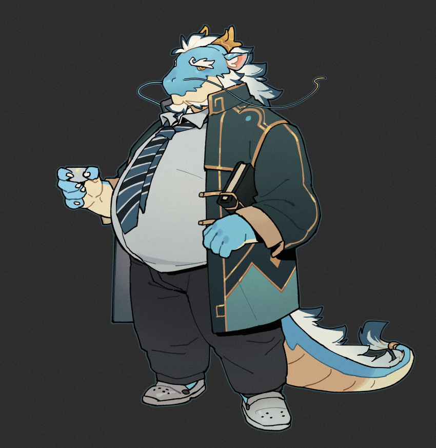 absurd_res anthro belly blue_body bluecard916 clothing container crocs cup dragon facial_hair footwear hair hi_res horn lifewonders male mature_male necktie overweight qinglong solo tokyo_afterschool_summoners white_hair yellow_eyes
