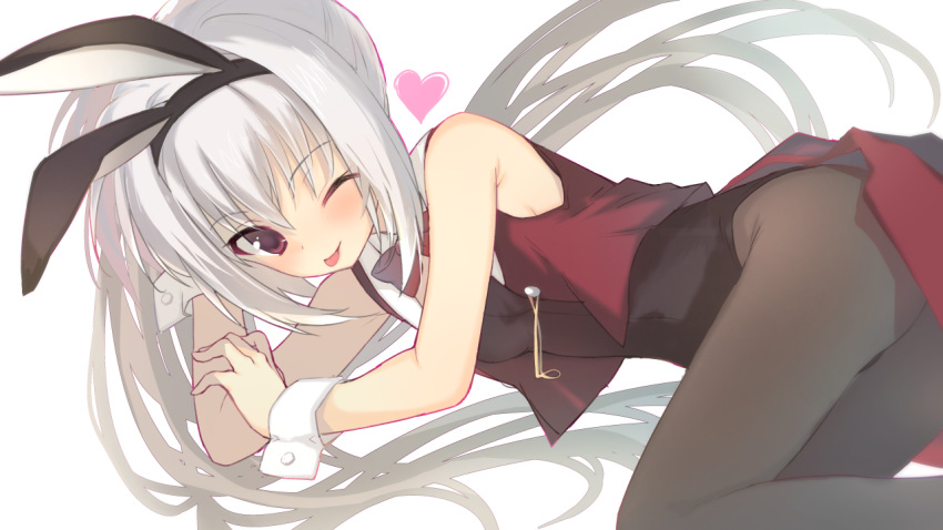 1girl :p ;) animal_ears arm_support bare_shoulders black_leotard black_pantyhose blush bow bowtie commentary_request dracu-riot! elena_olegovna_owen fake_animal_ears feet_out_of_frame grey_hair hair_between_eyes hair_spread_out heart jacket leotard long_hair looking_at_viewer nagesuteaka off_shoulder official_alternate_costume official_alternate_hairstyle one_eye_closed open_clothes open_jacket pantyhose partial_commentary playboy_bunny rabbit_ears red_bow red_bowtie red_eyes red_jacket side_ponytail simple_background smile solo tongue tongue_out very_long_hair white_background white_wrist_cuffs