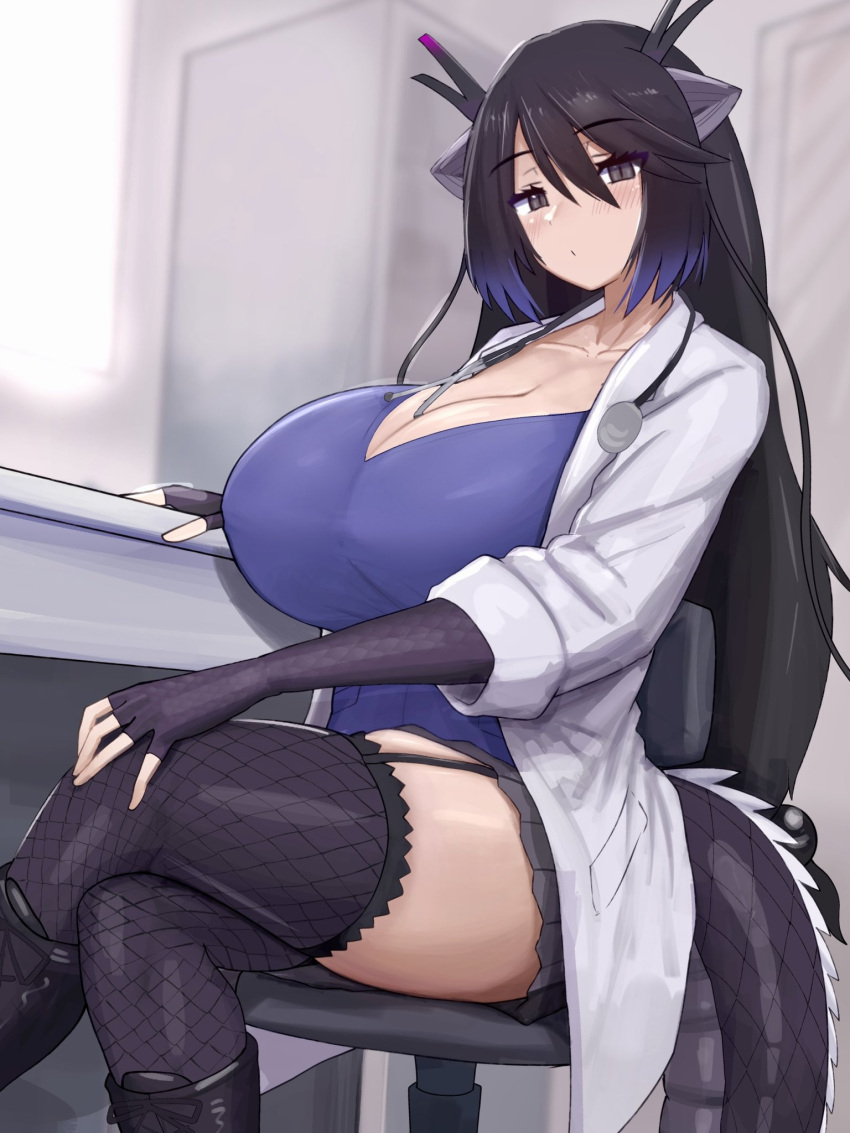 1girl black_dragon_(kemono_friends) black_gloves black_hair black_skirt black_thighhighs blush boots breasts chair cleavage closed_mouth coat commentary_request crossed_legs curvy desk doctor dragon_girl dragon_horns dragon_tail elbow_gloves eyelashes feet_out_of_frame fingerless_gloves garter_straps gloves grey_eyes grey_horns hair_between_eyes hand_on_own_knee hand_rest highres horns impossible_clothes impossible_shirt indoors kemono_friends lab_coat long_hair looking_at_viewer miniskirt multicolored_hair multicolored_horns multiple_horns office_chair open_clothes open_coat parted_bangs pink_horns purple_hair purple_shirt shibori_kasu shirt sitting skindentation skirt slit_pupils solo stethoscope swivel_chair tail thighhighs very_long_hair white_coat