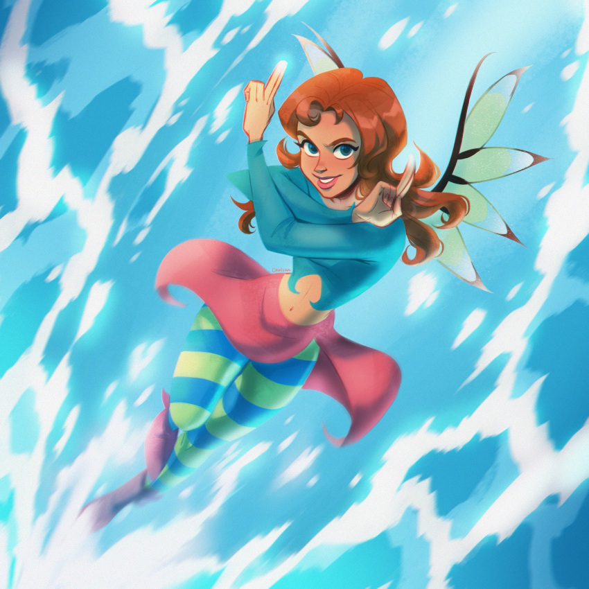 1girl boots chalseu commentary crop_top crossed_arms full_body highres irma_lair long_hair long_sleeves looking_at_viewer midriff navel pantyhose purple_footwear smile solo striped striped_pantyhose symbol-only_commentary w.i.t.c.h. water wings