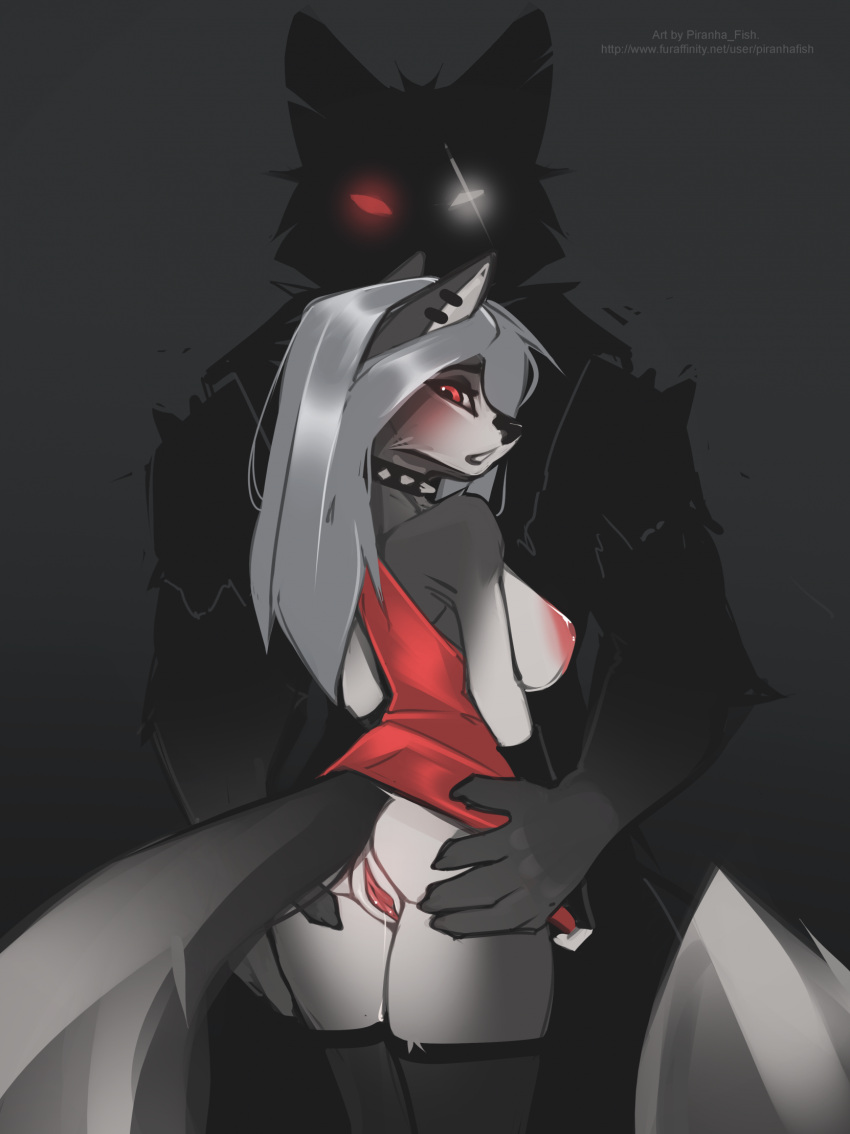 2024 5_fingers anthro anthro_on_anthro black_nose breasts butt canid canid_demon clothed clothing clothing_lift demon dress dress_lift duo female fingers fur genitals glowing glowing_eyes grey_body grey_fur hair hand_on_butt hellhound helluva_boss hi_res humanoid_hands legwear loona_(helluva_boss) male male/female mammal multicolored_body multicolored_fur nipples no_underwear piranha_fish pussy silver_hair stockings text two_tone_body two_tone_fur url vortex_(helluva_boss) white_body white_fur