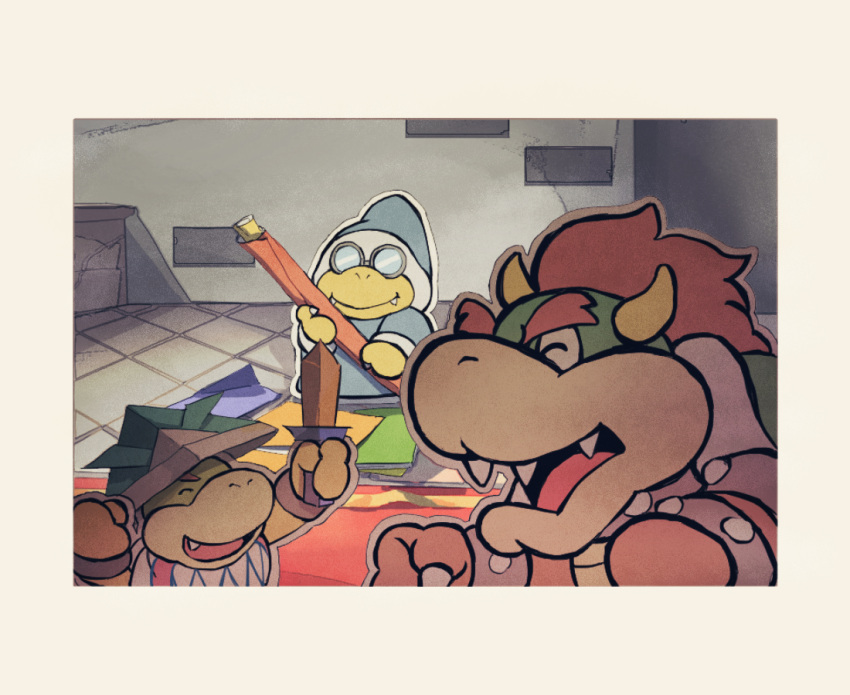3boys :d ^_^ armlet arms_up bandana blue_headwear blue_robe border bowser bowser_jr. bracelet claws closed_eyes closed_mouth collar commentary_request fang father_and_son glasses green_headwear happy hat holding holding_sword holding_weapon horns indoors jewelry kamek long_sleeves looking_at_another mario_(series) multiple_boys opaque_glasses open_mouth paper paper_hat paper_kabuto paper_mario paper_mario:_the_origami_king red_hair rfufvas3phbxkxa robe round_eyewear sharp_teeth smile standing studded_armlet studded_bracelet studded_collar sword teeth v-shaped_eyebrows weapon white_bandana white_border wooden_sword
