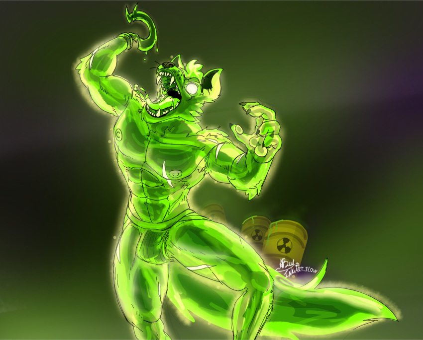 2020 abs anthro areola barazoku barrel biceps bulge canid canine claws clothed clothing fangs five_nights_at_freddy's five_nights_at_freddy's_ar fox foxy_(fnaf) fur glowing glowing_eyes green_background green_body green_fur green_tail green_tongue hi_res hook hook_hand inkart_flow jockstrap long_tail male mammal manly mostly_nude muscular nipples open_mouth pawpads paws pecs pirate radioactive radioactive_body radioactive_foxy_(fnaf) radioactive_fur radioactive_sign radioactive_tail radioactive_tongue radioactive_waste raised_arm scar sharp_claws sharp_teeth simple_background solo standing teeth thick_thighs tongue triceps underwear video_games white_eyes