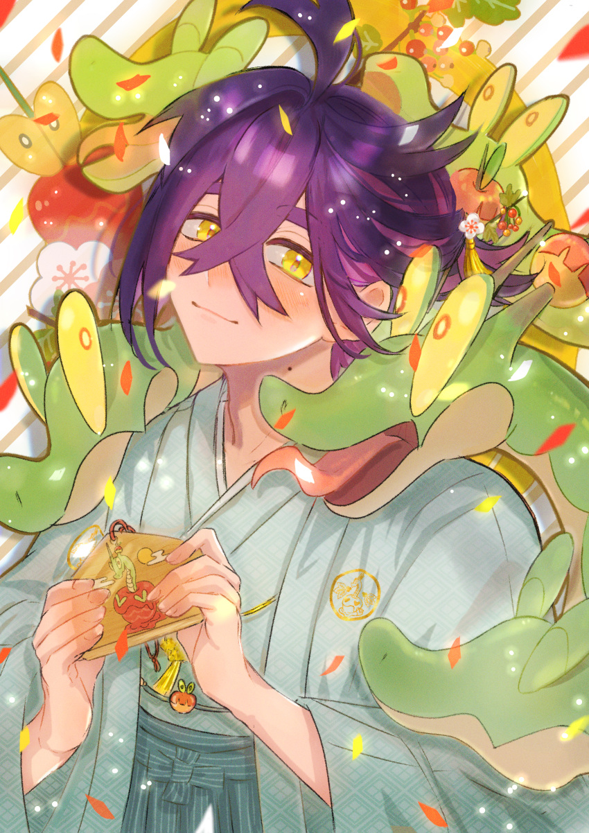 1boy absurdres ahoge blush character_print closed_mouth commentary_request crossed_bangs dipplin hair_between_eyes hakama highres holding hydrapple japanese_clothes kieran_(pokemon) kimono male_focus mofumofuyarou pokemon pokemon_(creature) pokemon_sv purple_hair short_hair smile yellow_eyes