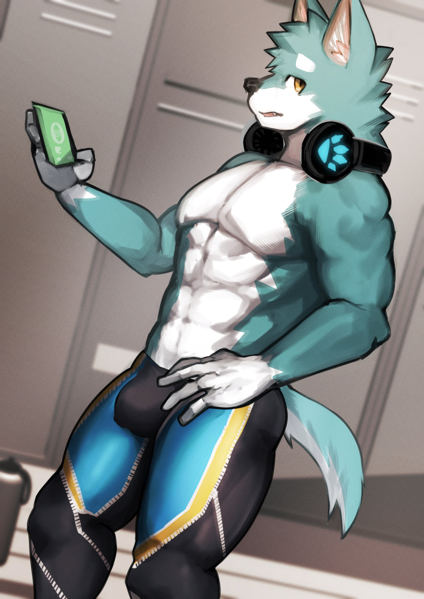 abs absurd_res anthro asleepchef biceps blue_body blue_fur bottomwear bulge canid canine canis clothing domestic_dog electronics fur hair headphones hi_res male mammal multicolored_body multicolored_fur muscular muscular_anthro muscular_male pants pecs shirtless_male solo standing tight_clothing two_tone_body two_tone_fur yellow_eyes