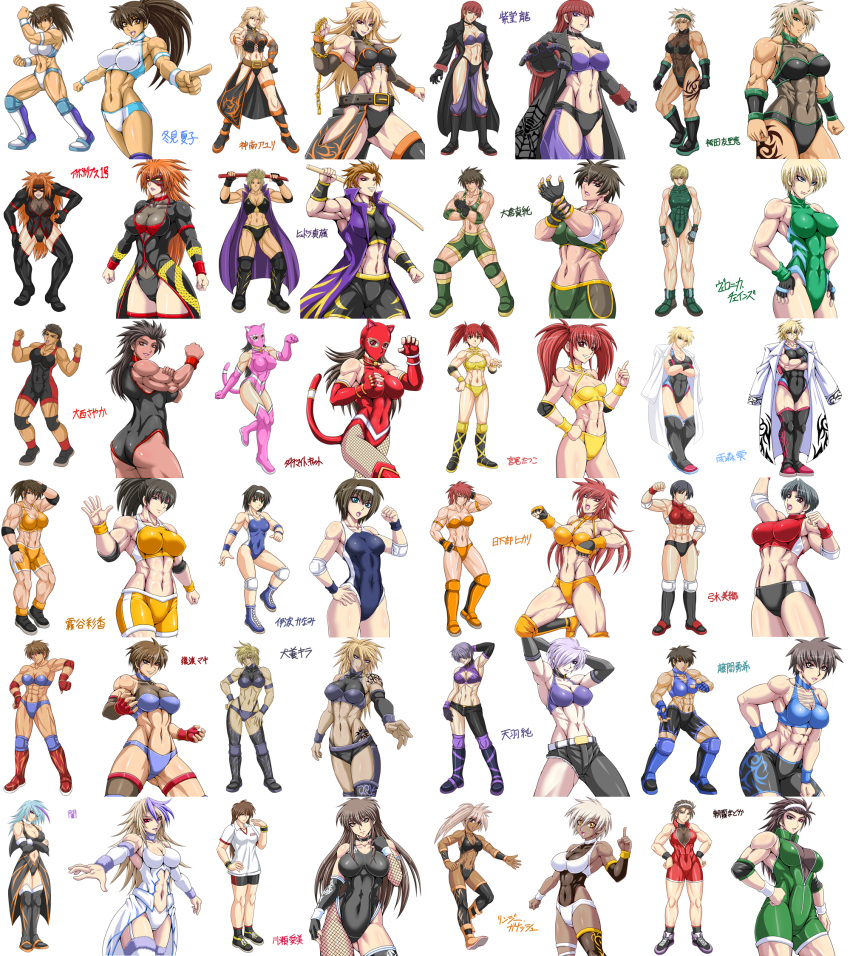 6+girls abs alternate_costume before_and_after black_hair blue_hair breasts brown_hair character_request commentary_request dark_skin fighting_stance grey_hair highres kendo midriff multiple_girls muscular muscular_female original reference_sheet retro_artstyle short_hair taroimo_(00120014) translation_request waving white_background wrestling wrestling_boots wrestling_outfit