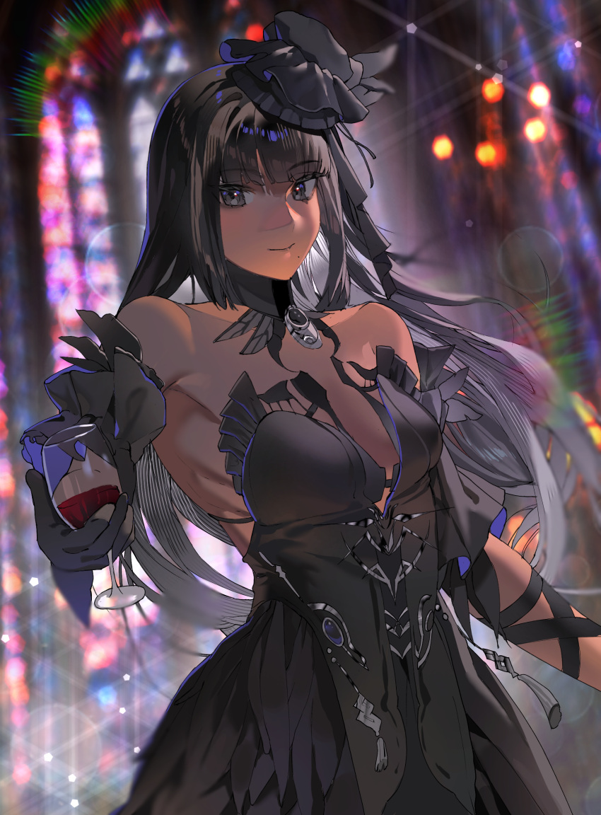 1girl absurdres bare_shoulders black_collar black_dress black_eyes black_hair black_sleeves breasts cleavage collar cup detached_collar detached_sleeves dress drinking_glass highres holding holding_cup juliet_sleeves long_hair long_sleeves puffy_sleeves punishing:_gray_raven qu_(punishing:_gray_raven) short_sleeves sidelocks solo stained_glass wine_glass yongsadragon