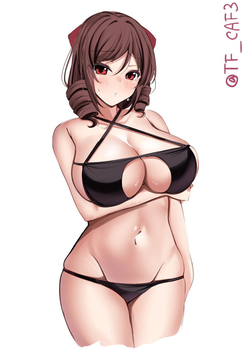 1girl alternate_breast_size alternate_costume black_bra black_panties blush bow bra breasts brown_hair collarbone cowboy_shot drill_hair hair_between_eyes hair_bow harukaze_(kancolle) highres kantai_collection large_breasts legs_together long_hair looking_at_viewer one-hour_drawing_challenge panties red_eyes simple_background smile solo tf_cafe twin_drills twitter_username underwear