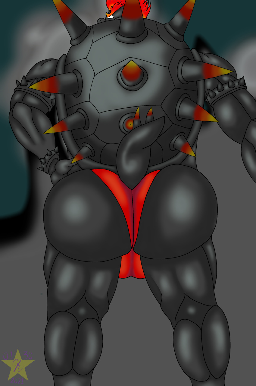 2021 absurd_res anthro balls barazoku big_balls big_butt black_body bowser bowser's_fury bubble_butt butt clothing digital_media_(artwork) fury_bowser genitals hi_res huge_balls huge_butt hyper koopa kris_the_shapeshifting_derg looking_at_viewer looking_back male mario_bros muscular muscular_anthro muscular_male nintendo nude scalie simple_background solo thong underwear video_games