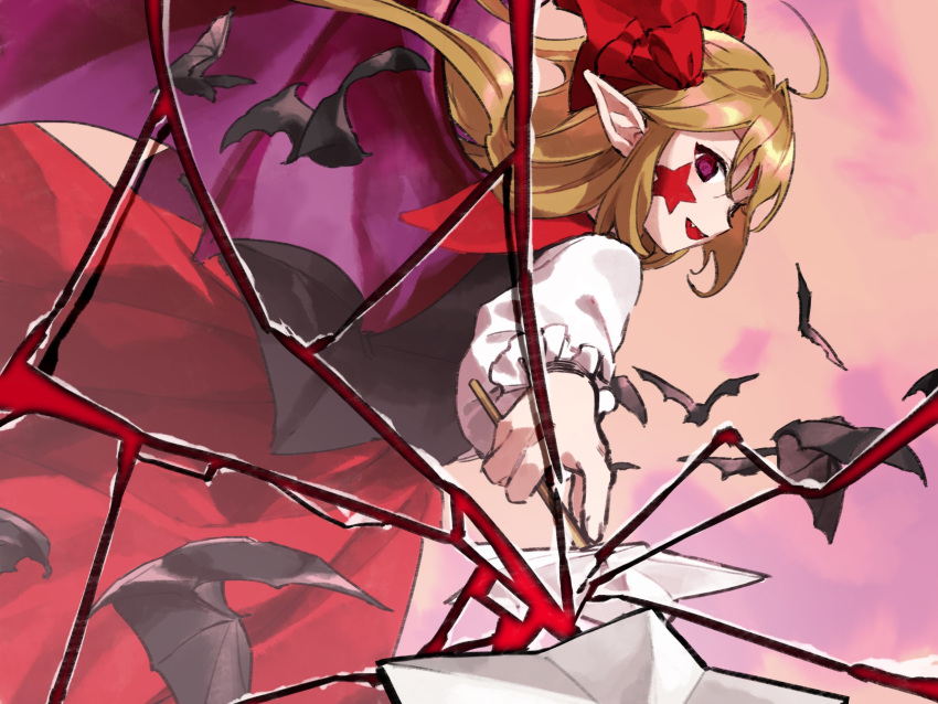 1girl :d ahoge bat_wings black_vest blonde_hair bow broken_mirror elis_(touhou) facial_mark fangs frilled_sleeves frills hair_bow highres kaigen_1025 long_hair long_sleeves mirror open_mouth pointy_ears pov purple_eyes red_bow red_skirt reflection shirt skirt smile solo star_(symbol) touhou touhou_(pc-98) very_long_hair vest wand white_shirt wings