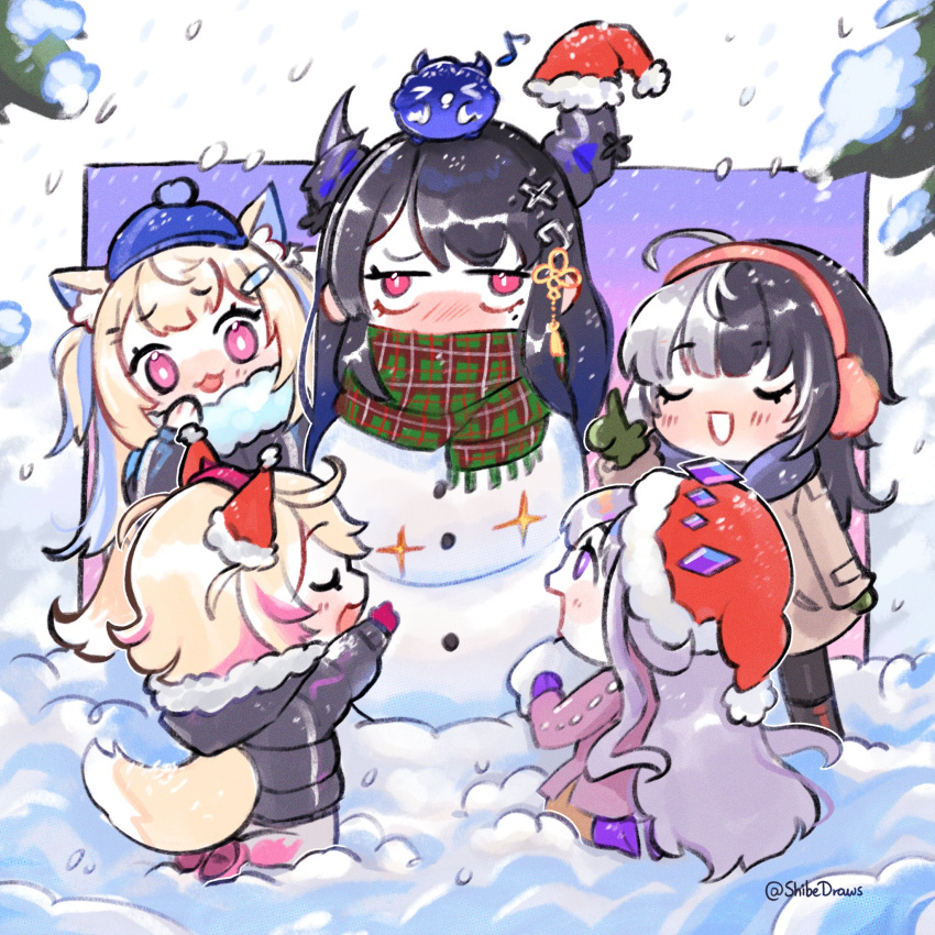 5girls alternate_costume animal_ears animal_on_head bird bird_on_head closed_eyes dog_ears dog_tail earmuffs fuwawa_abyssgard hat highres holoadvent hololive hololive_english index_finger_raised koseki_bijou long_hair mococo_abyssgard mole mole_under_eye multicolored_hair multiple_girls nerissa_ravencroft on_head pink_eyes plaid plaid_scarf purple_eyes red_eyes santa_hat scarf shibedraws shiori_novella snow snowing snowman split-color_hair tail twitter_username virtual_youtuber winter_clothes