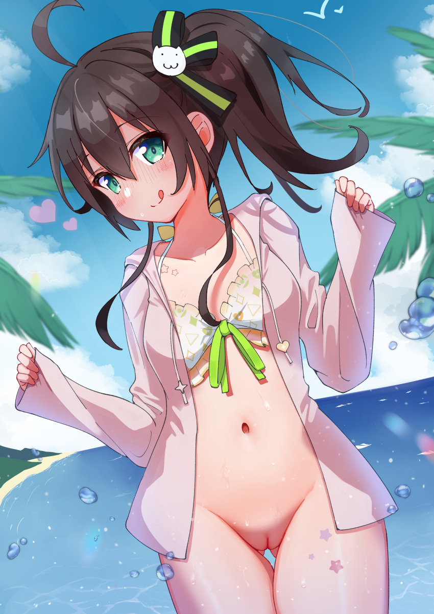 1girl :q absurdres ahoge ass_visible_through_thighs beach bikini bikini_top_only bird blush bottomless bra breasts brown_hair cat_hair_ornament cleft_of_venus closed_mouth cloud frilled_bikini frilled_bra frills green_eyes green_ribbon hair_between_eyes hair_ornament hair_ribbon heart highres hololive hololive_summer_2022_swimsuit jacket lens_flare long_sleeves looking_at_viewer natsuiro_matsuri navel ocean official_alternate_costume ontake2009 open_clothes open_jacket outdoors palm_tree patterned patterned_clothing pussy ribbon ribbon-trimmed_bikini ribbon-trimmed_bra ribbon_trim seagull side_ponytail sleeves_past_wrists small_breasts smile solo star_(symbol) star_tattoo swimsuit tattoo tongue tongue_out tree underwear virtual_youtuber water_drop wet white_bra white_jacket white_swimsuit