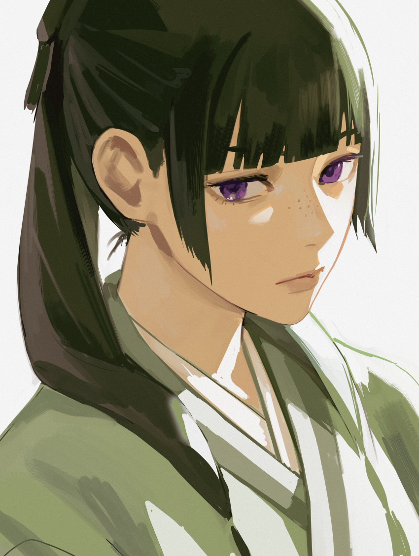 1girl absurdres black_hair blunt_bangs chinese_clothes commentary english_commentary expressionless freckles hanfu highres kusuriya_no_hitorigoto looking_at_viewer maomao_(kusuriya_no_hitorigoto) multi-tied_hair portrait profile purple_eyes solo unfinished uqi32