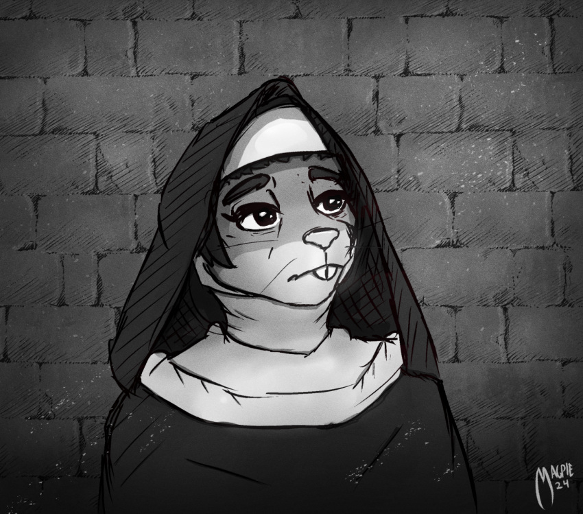 anthro black_and_white brick_wall buckteeth clothed clothing female fully_clothed greyscale hi_res mammal monochrome mouse murid murine nun nun_outfit oneflymagpie ophelia_(oneflymagpie) portrait rodent solo teeth wall_(structure)