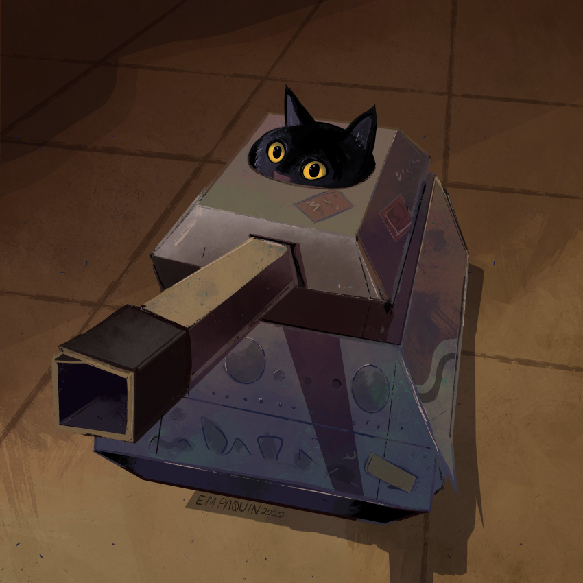 2020 absurd_res ambiguous_gender armored_vehicle cardboard catwheezie domestic_cat felid feline felis feral fur hi_res inside mammal shadow signature solo tank tuft vehicle